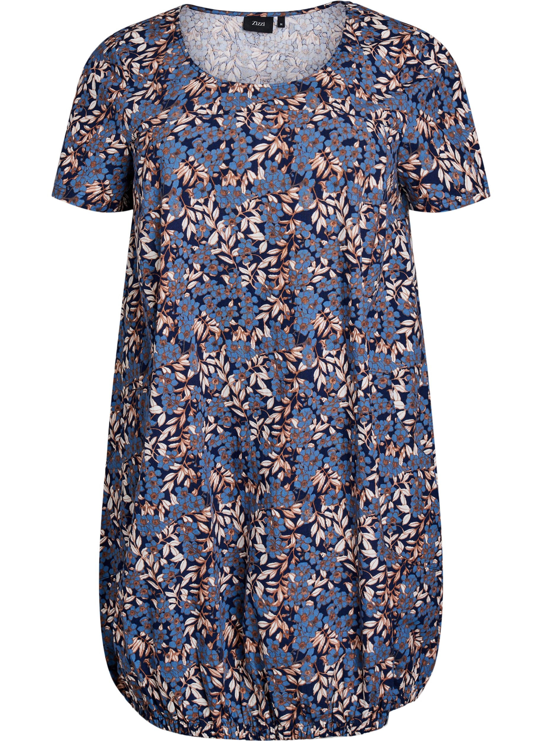 Zizzi Kurz&auml;rmliges Baumwollkleid mit Aufdruck, Blau, Packshot image number 0