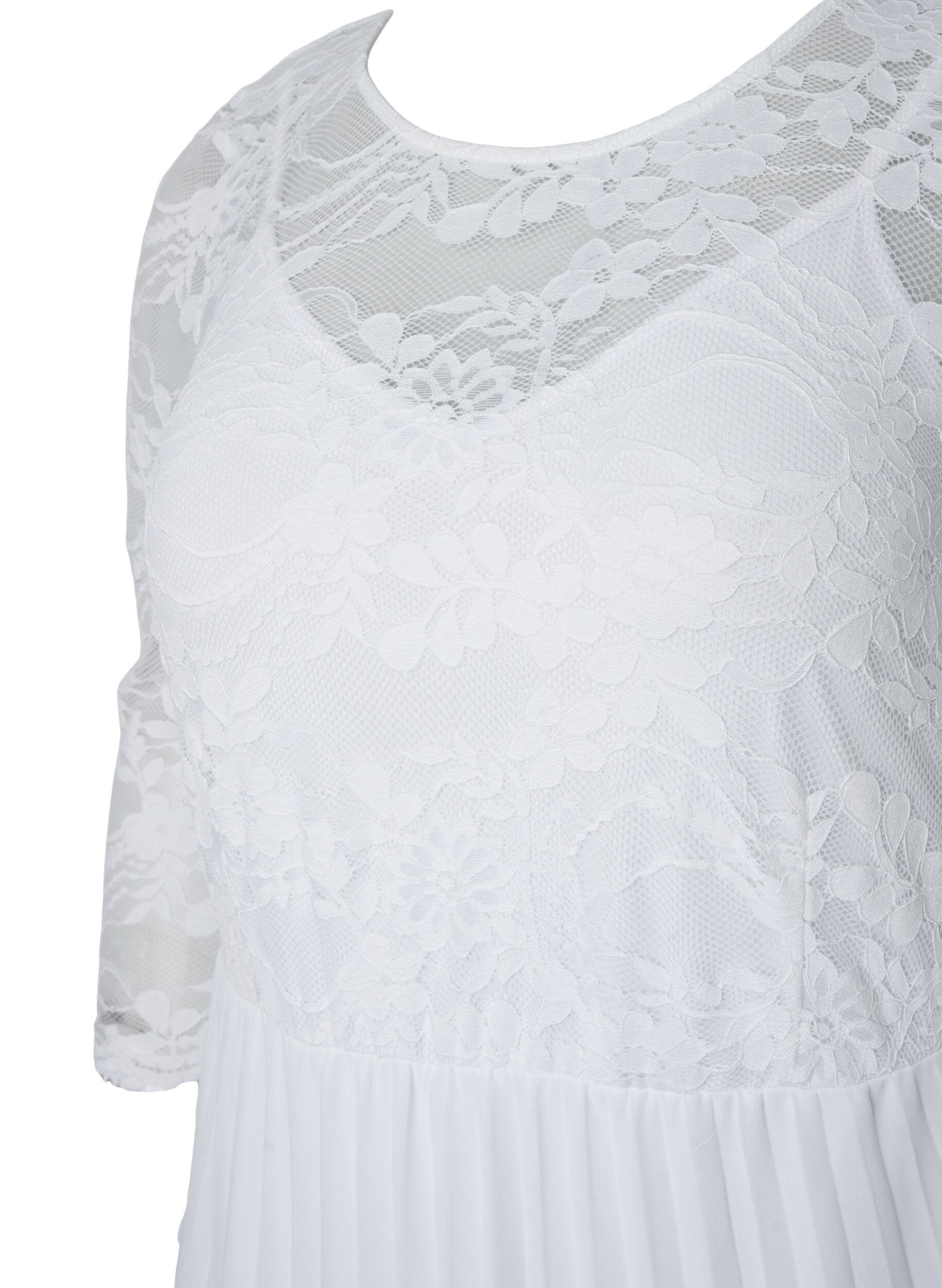 Zizzi Plissiertes Kleid mit Spitze und 3/4-&Auml;rmeln, Bright White, Packshot image number 2