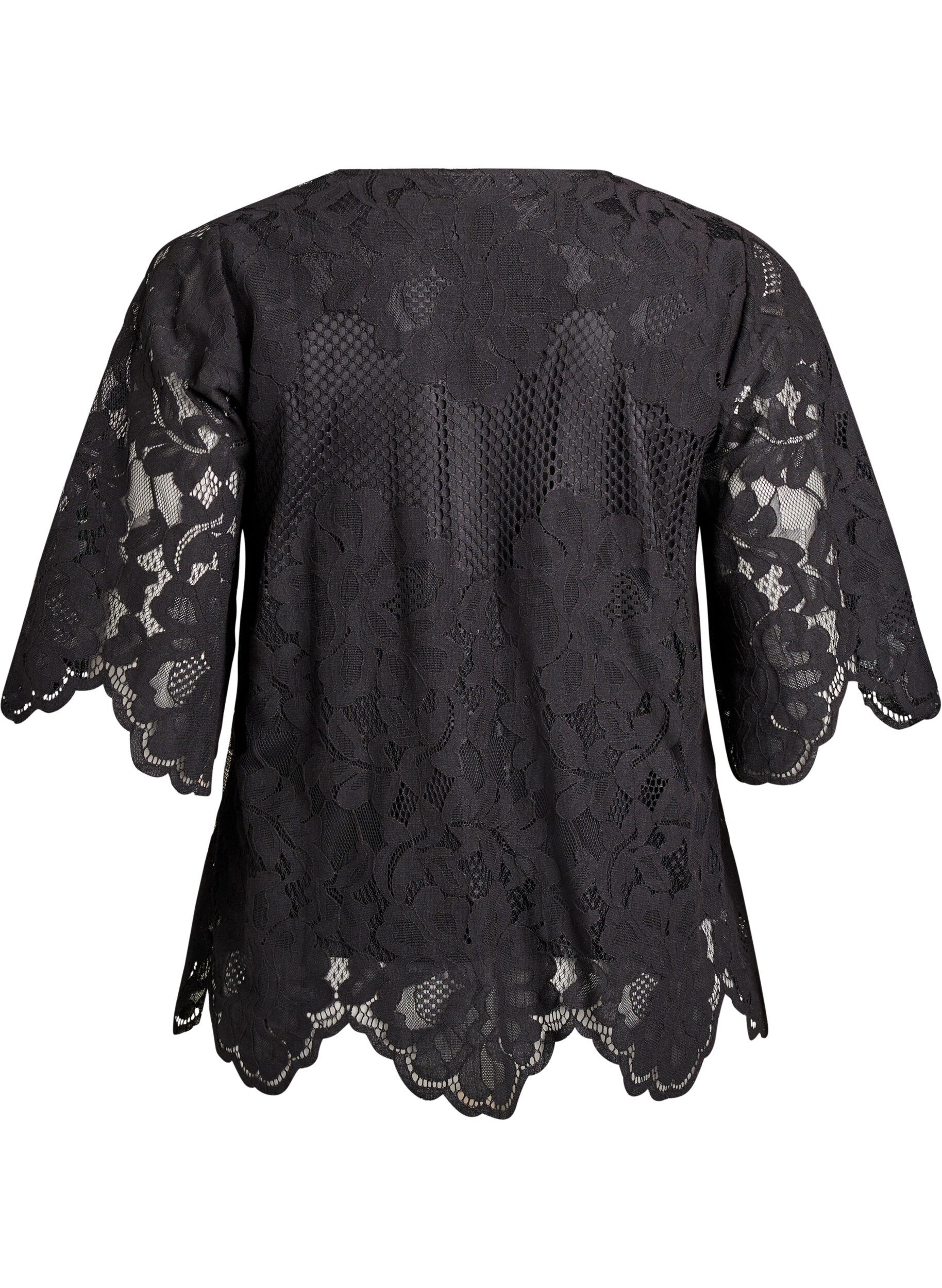 Zizzi Bluse aus Spitze mit V-Ausschnitt und 1/2-&Auml;rmeln, Schwarz, Packshot image number 1