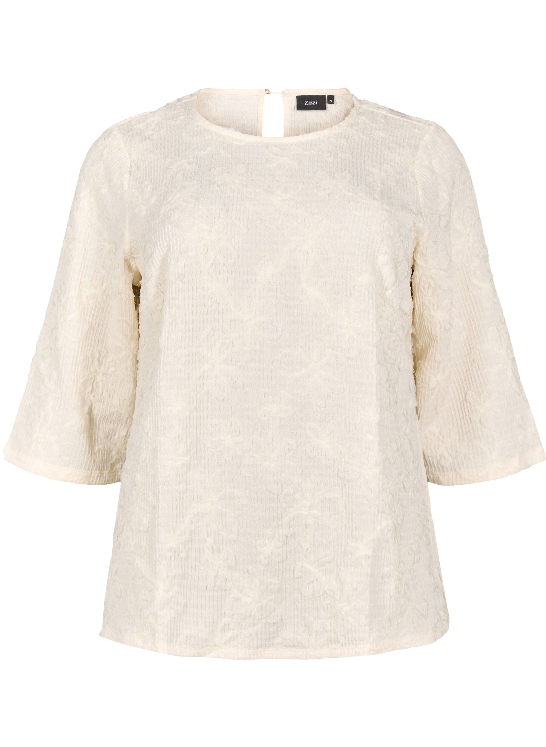 Zizzi Bluse mit 3/4-&Auml;rmeln und 3D-Blumen, Warm Off-white, Packshot image number 0