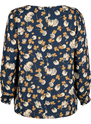 FLASH - Langärmelige Bluse gesmokt und bedruckt, Navy Brown Flower, Packshot image number 1
