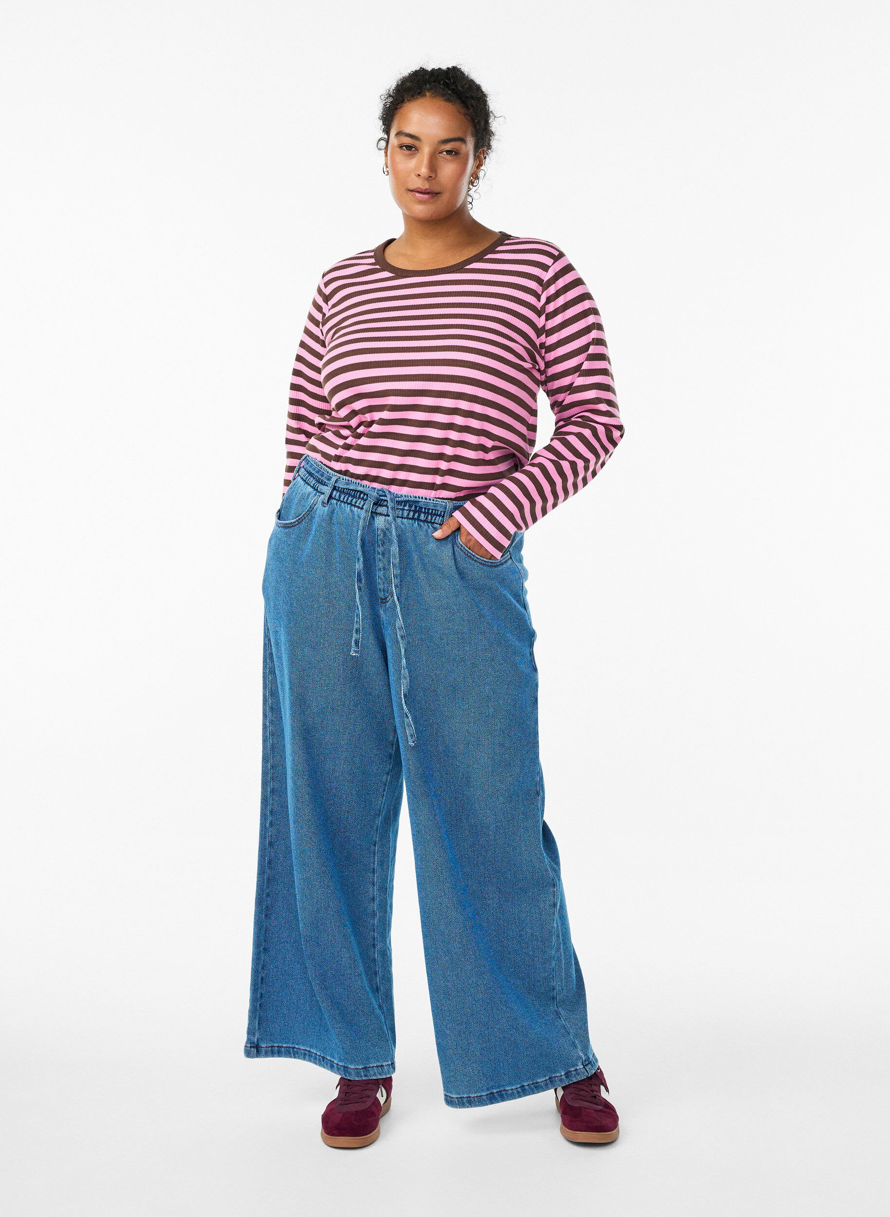 Zizzi Gestreifte Bluse mit langen &Auml;rmeln, Dunkles Bordeaux, Model image number 1