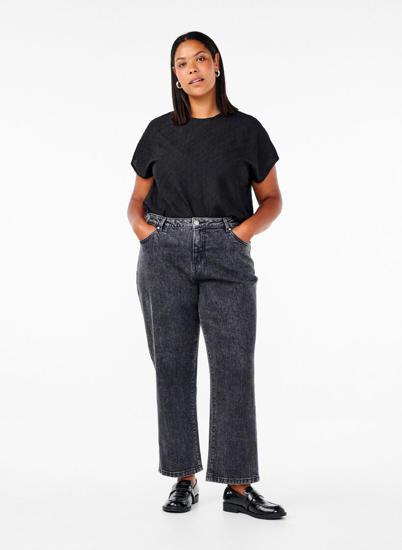 Bluse mit kurzen Ärmeln und floralen Stickereien, Black, Model image number 2