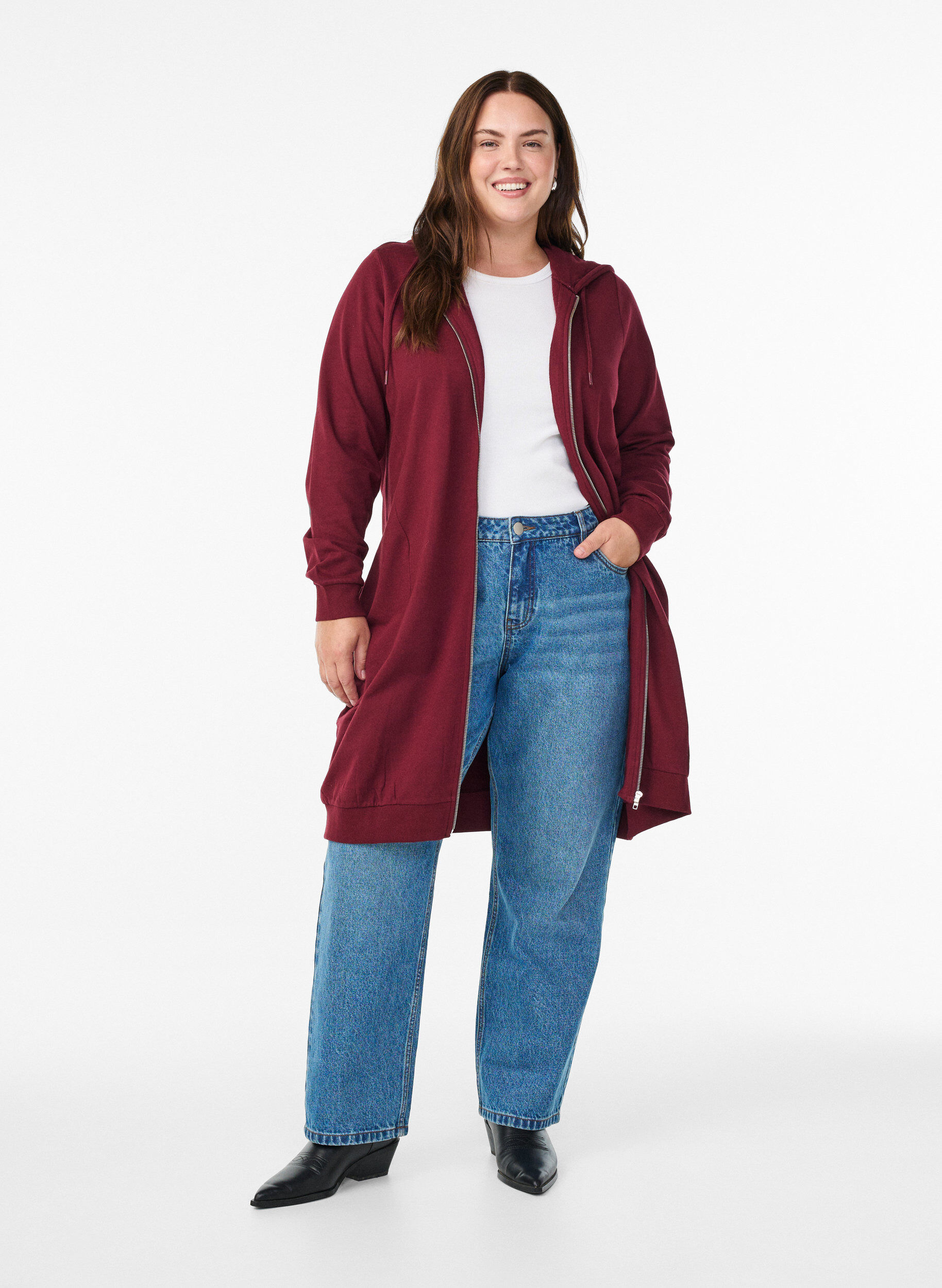 Zizzi Lange Sweatjacke aus Baumwolle mit Kapuze, Dunkles Bordeaux, Model image number 1