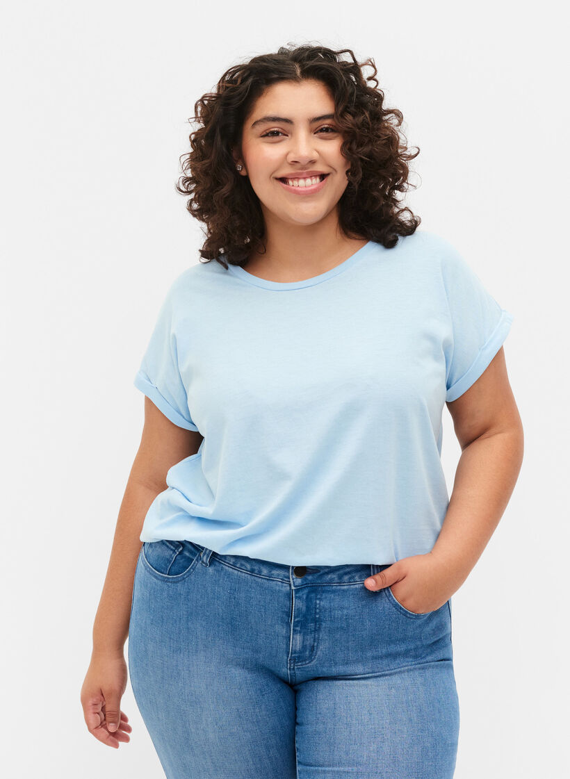 Kurzärmeliges T-Shirt aus einer Baumwollmischung, Chambray Blue , Model image number 0