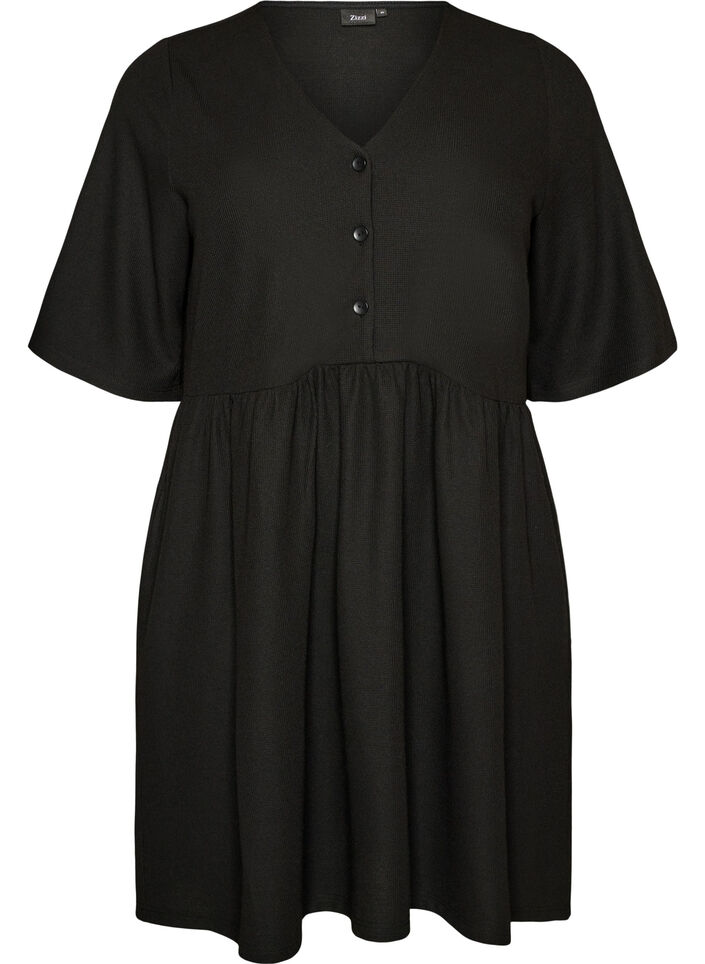 Kleid mit gerippter Textur und Empire-Linie, Schwarz, Packshot image number 0