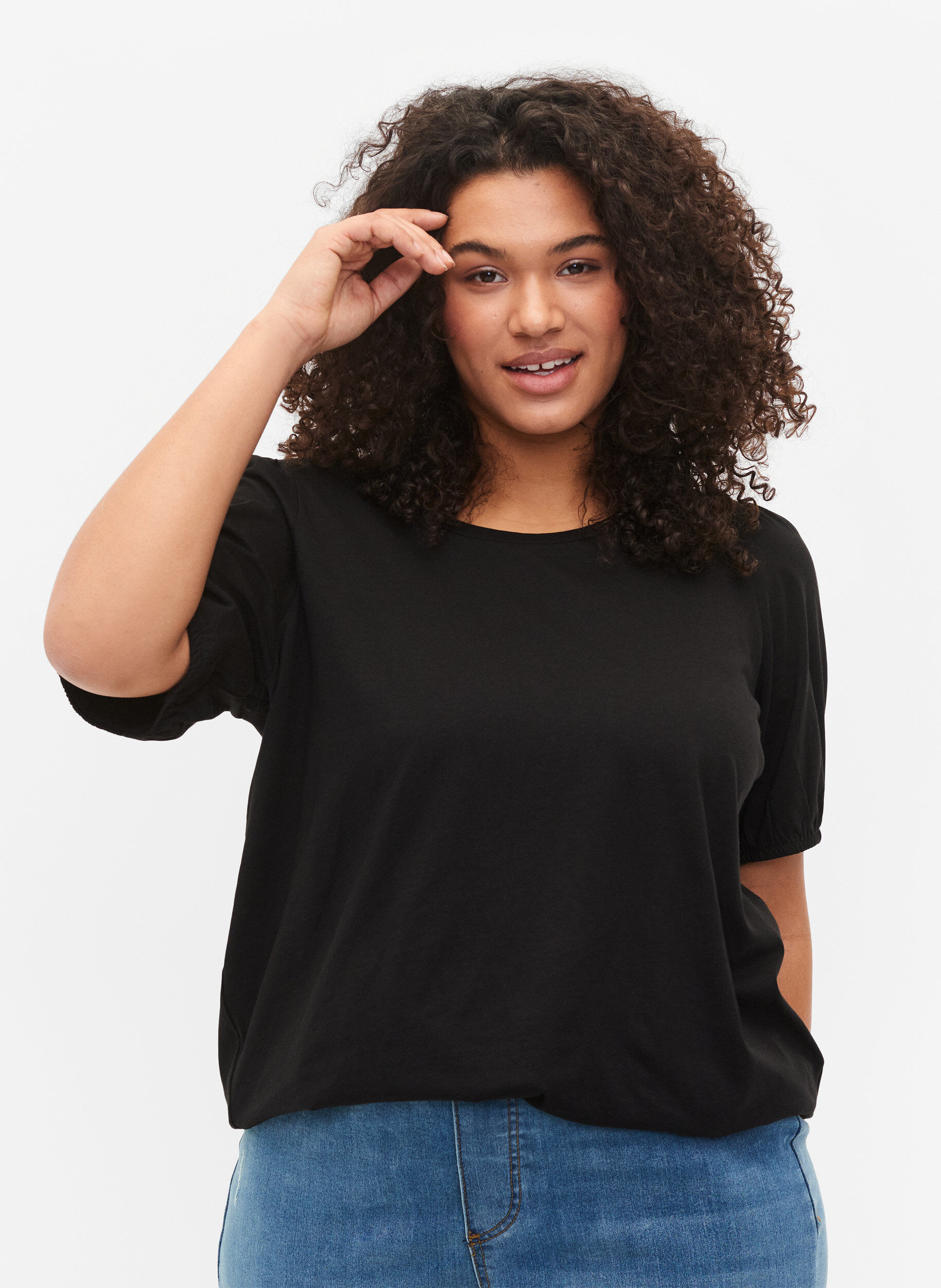 Zizzi T-Shirt aus Baumwolle mit 2/4-&Auml;rmeln, Black, Model image number 0