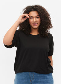 T-Shirt aus Baumwolle mit 2/4-Ärmeln, Black, Model