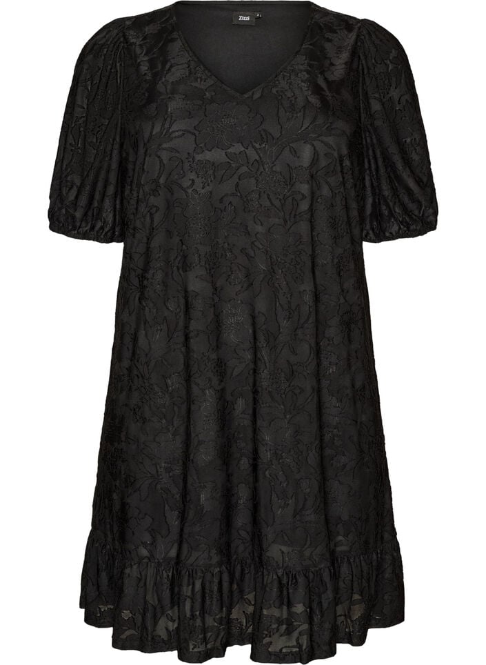 Kleid mit floraler Struktur und R&uuml;schenbesatz, Schwarz, Packshot image number 0