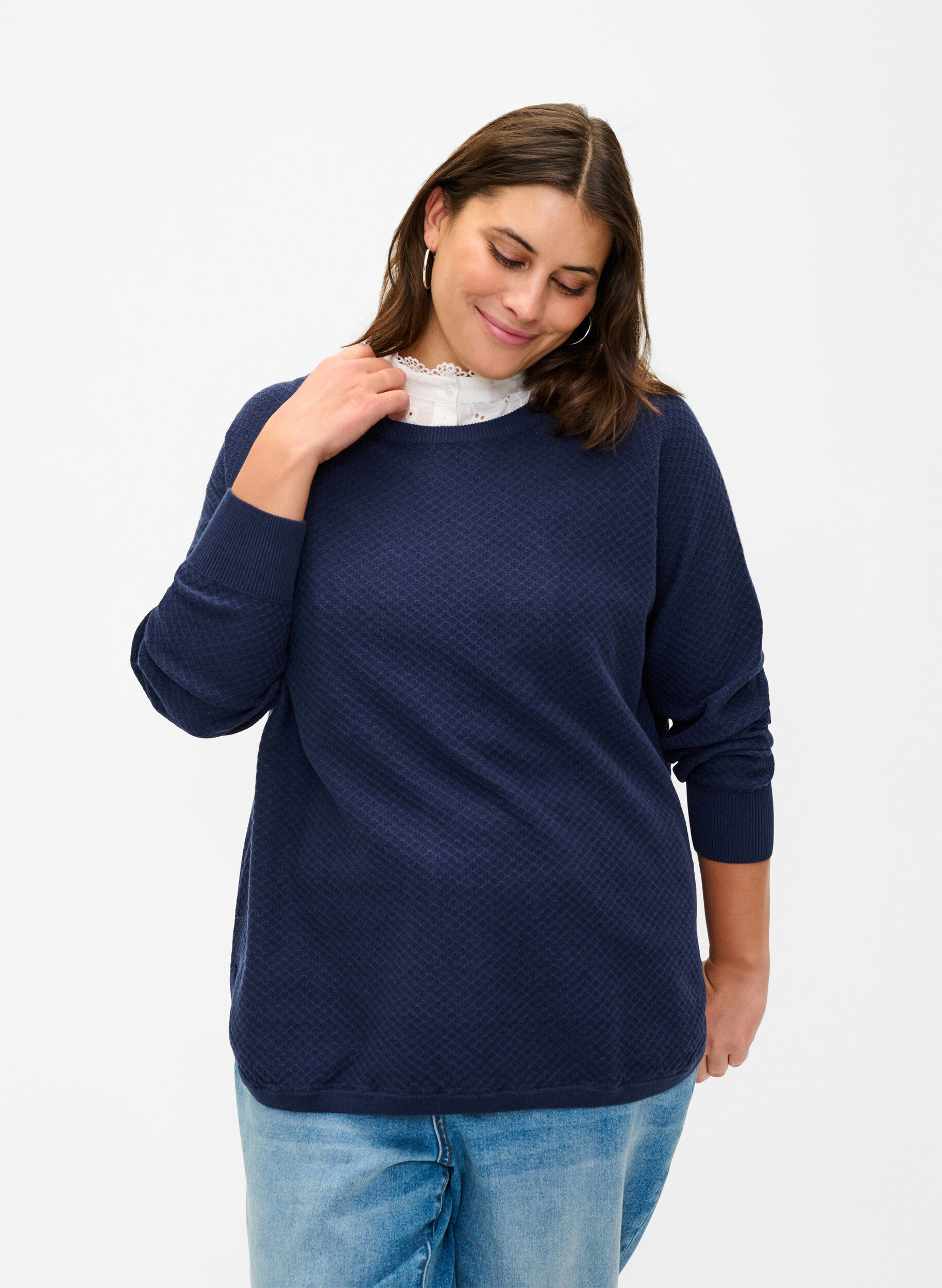 Zizzi Pullover aus Bio-Baumwolle mit Strukturmuster, Navy Blazer, Model image number 0