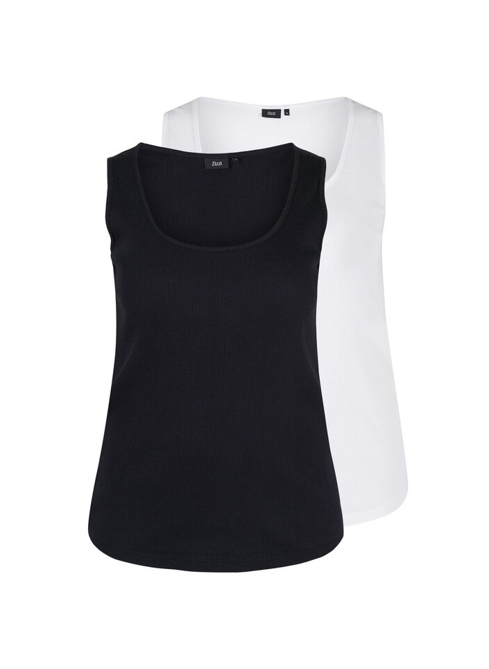 2er-Pack Basic Tanktop in Ripp Optik, Black/Bright White, Packshot image number 0