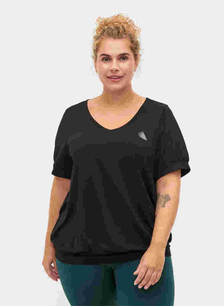 Unifarbenes Workout-Shirt mit V-Ausschnitt, Black, Model image number 0