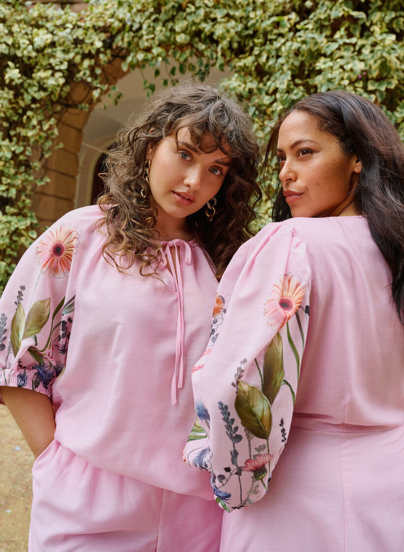 Bluse mit Bindedetail und gebl&uuml;mten &Auml;rmeln, Pink, Image image number 0