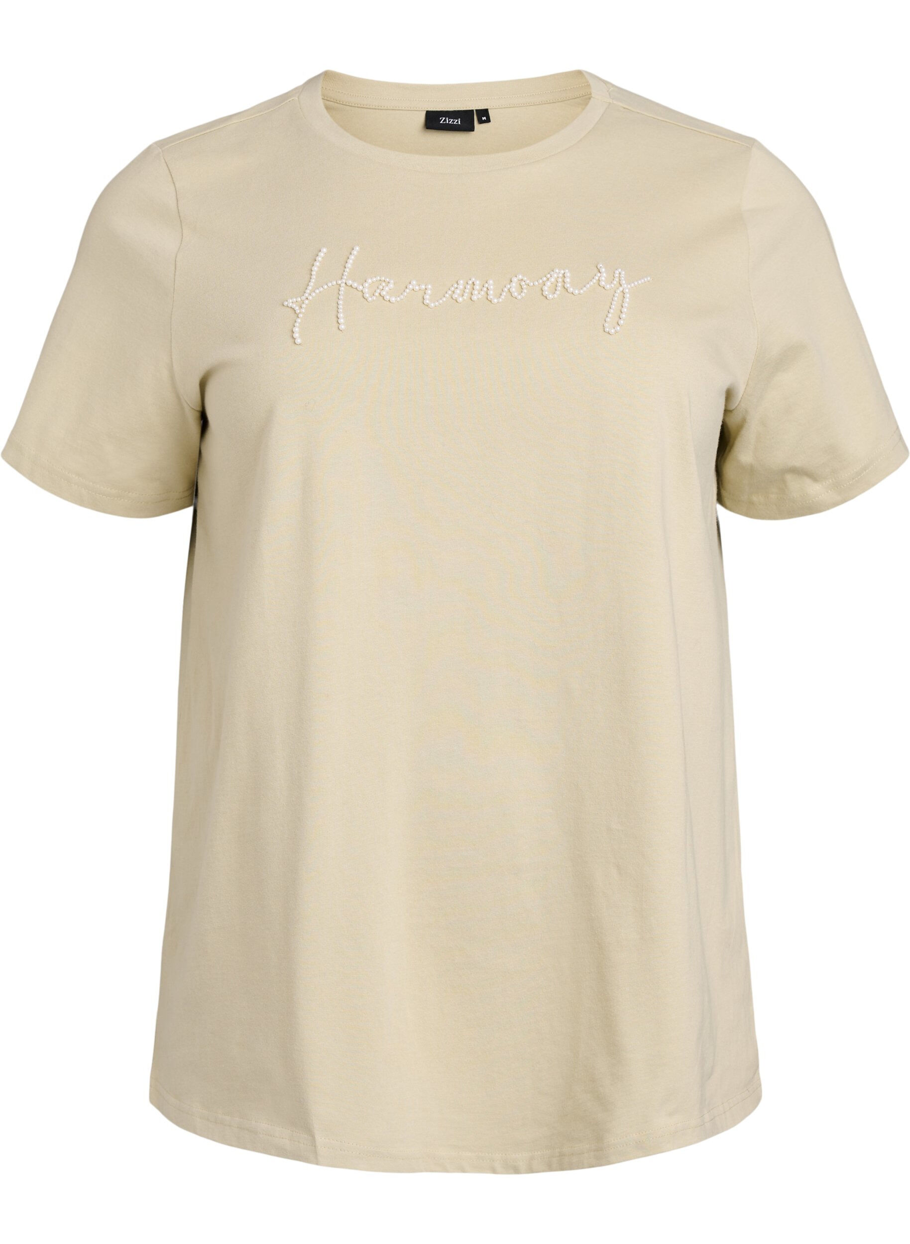 Zizzi T-Shirt aus Bio-Baumwolle mit Perlmutt-Text, Beige, Packshot image number 0
