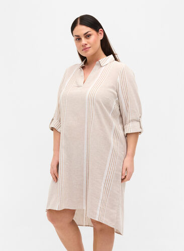 Gestreiftes Kleid aus Baumwolle und Leinen, White Taupe Stripe, Model image number 0