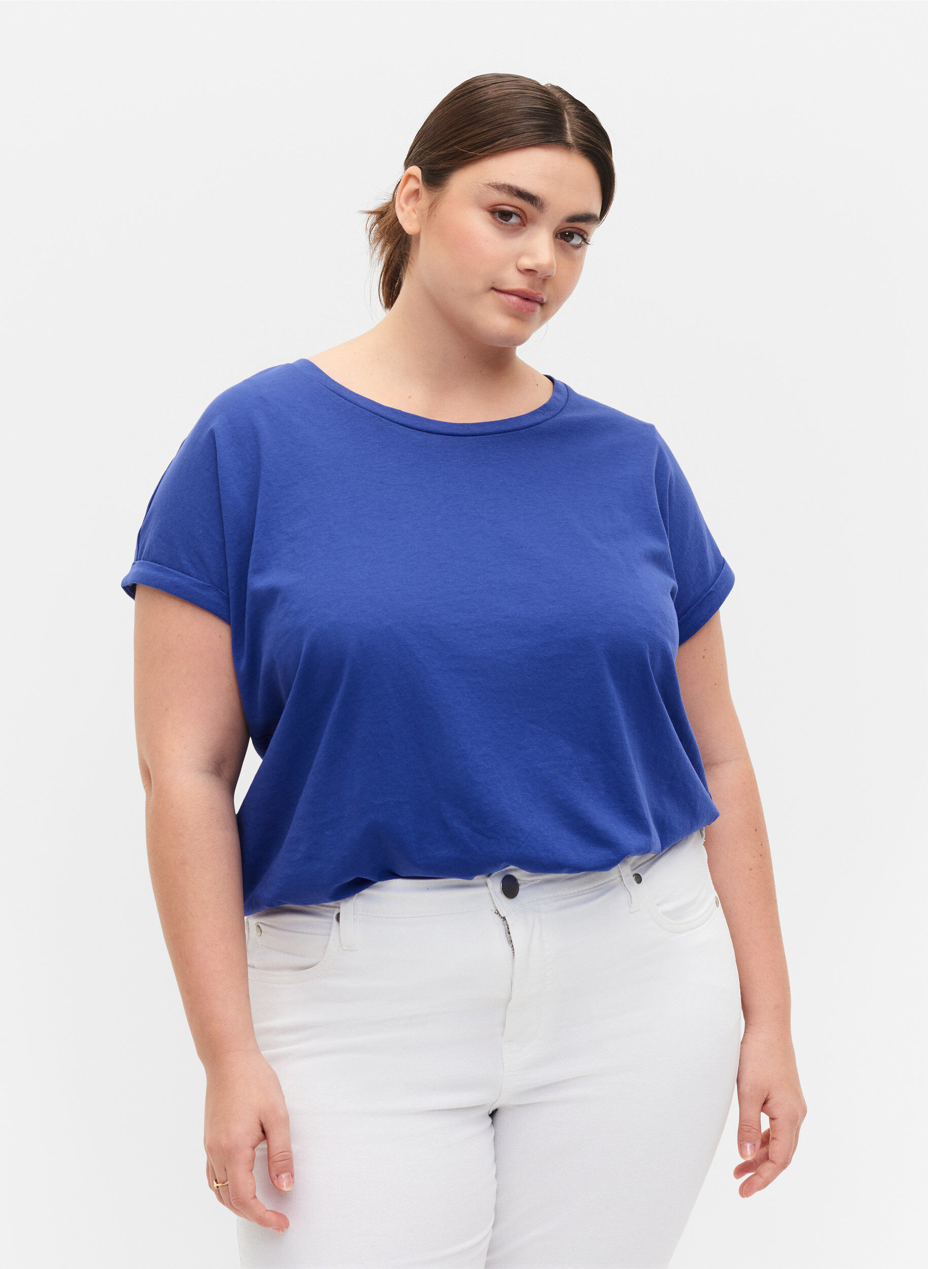 Zizzi Kurz&auml;rmeliges T-Shirt aus einer Baumwollmischung, Blau, Model image number 0
