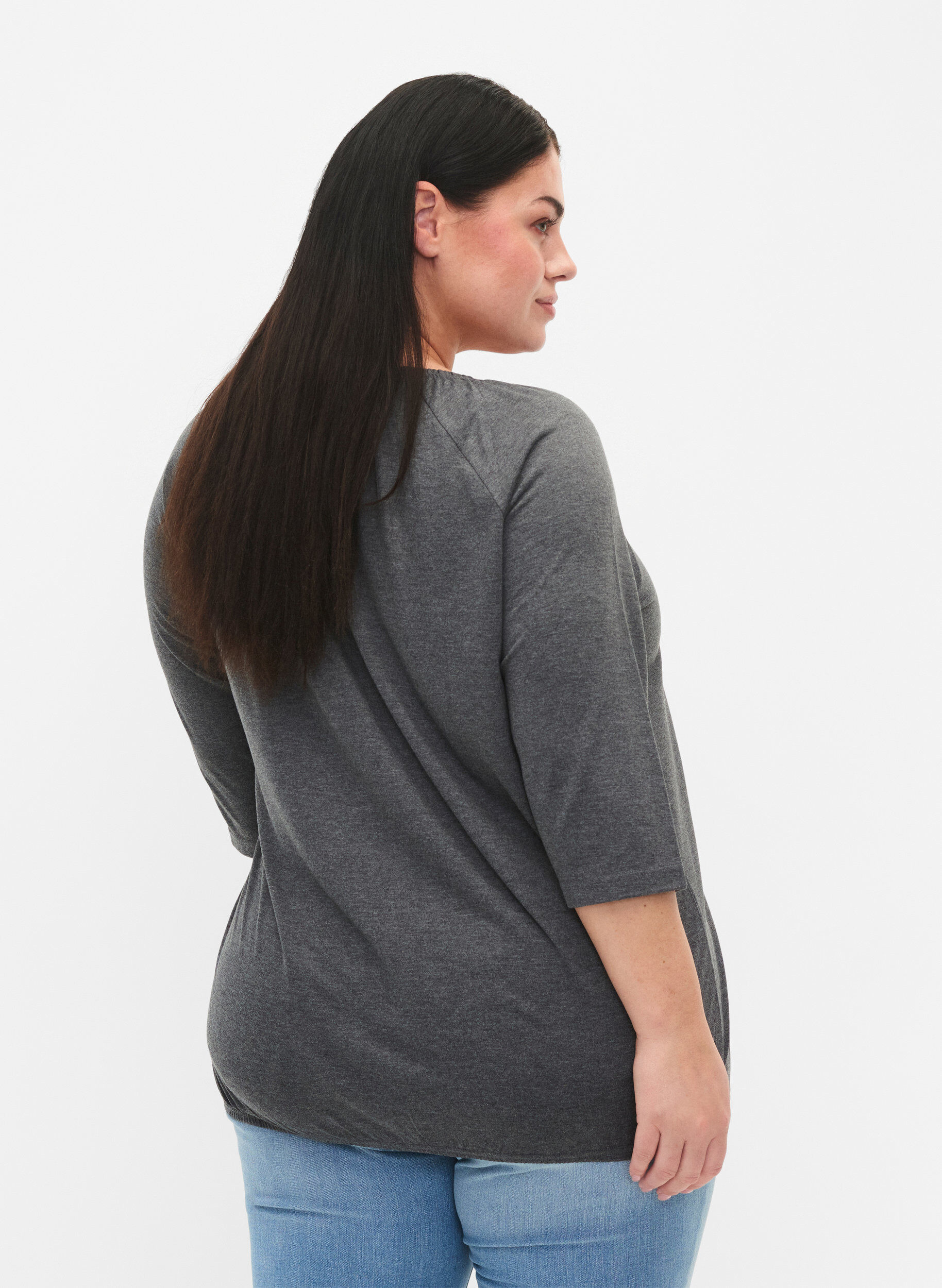 Zizzi Gestreifte Bluse mit 3/4 &Auml;rmeln, Dark Grey Melange, Model image number 1