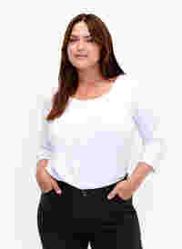 Basic T-Shirt aus Baumwolle mit 3/4-Ärmeln, Bright White, Model