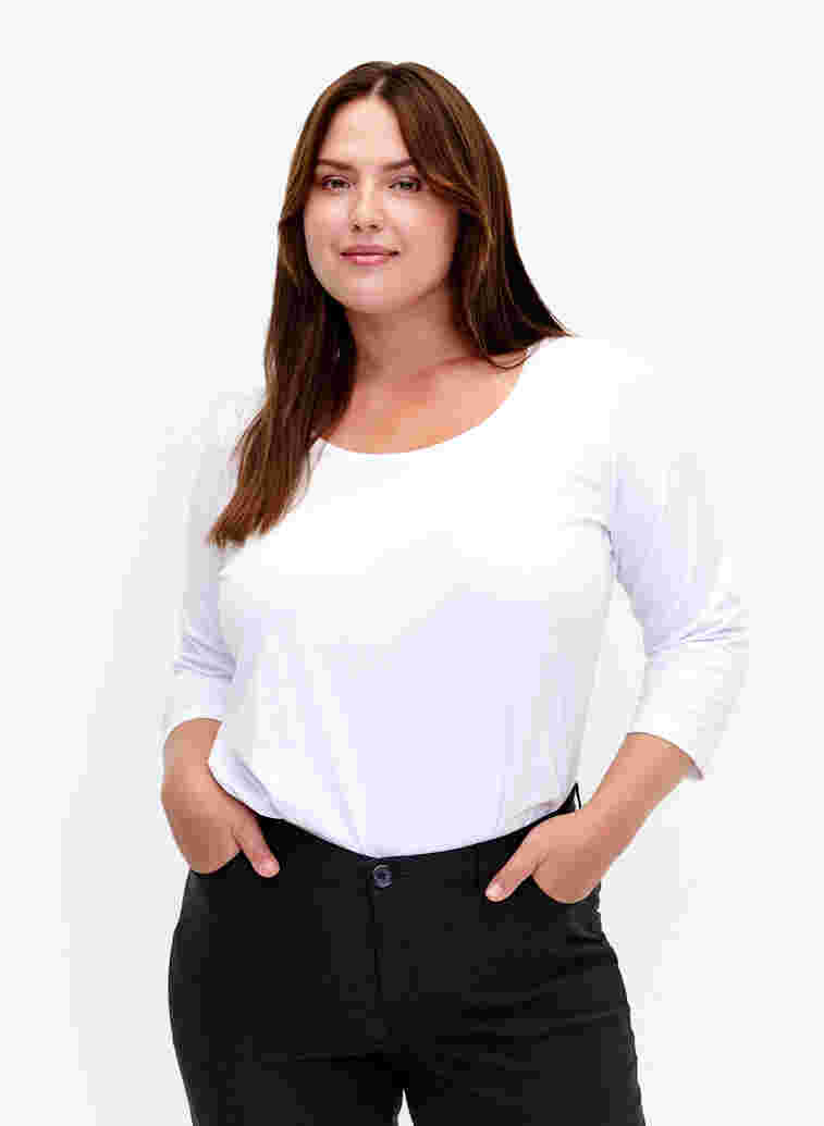 Basic T-Shirt aus Baumwolle mit 3/4-Ärmeln, Bright White, Model image number 0