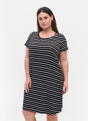 Kleid mit kurzen Ärmeln, Black w. Stripe, Model image number 0