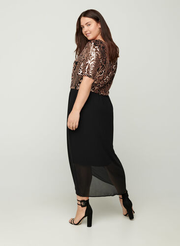Kurzarm Kleid mit Pailletten, Black, Model image number 0