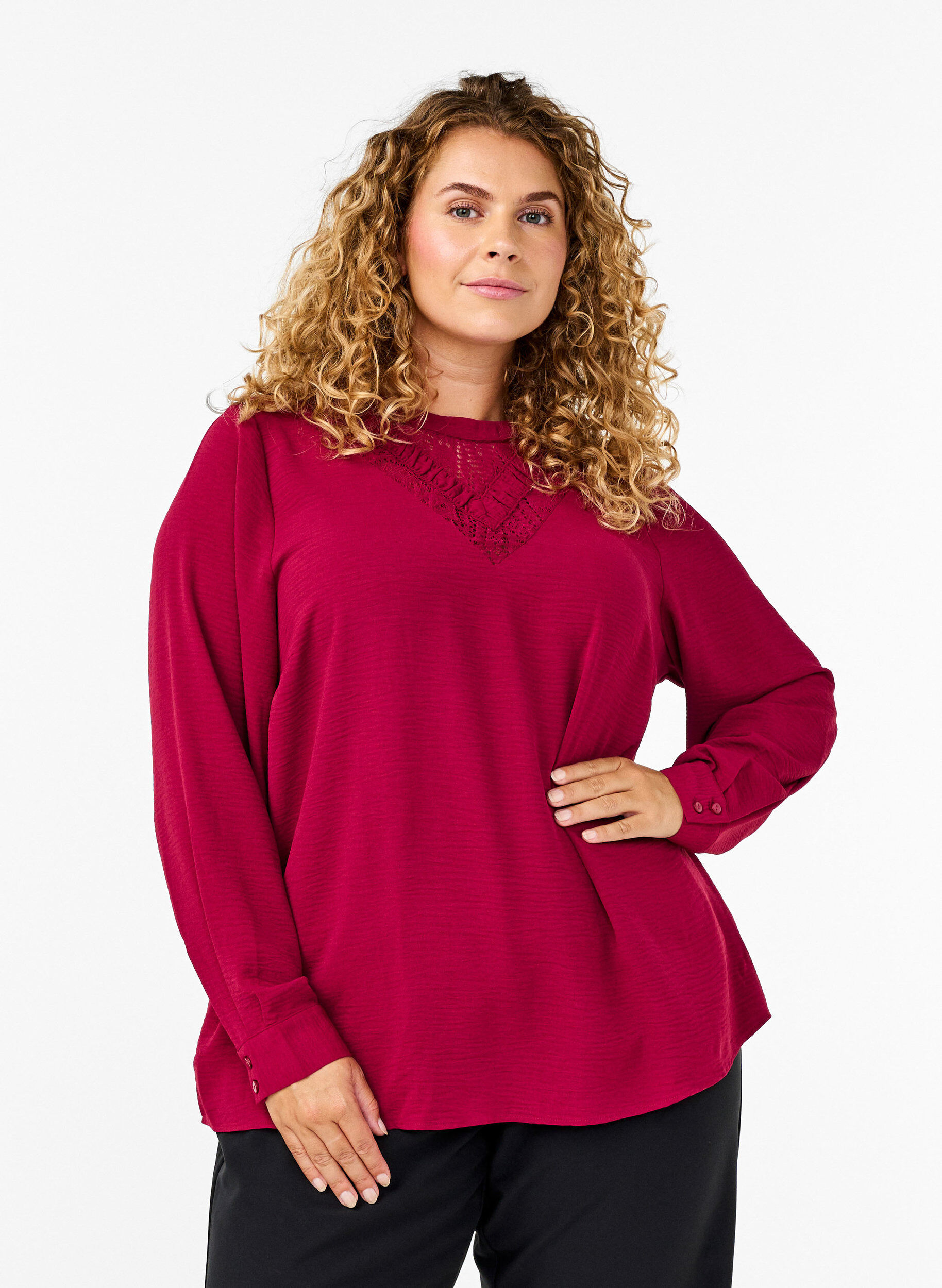 Zizzi Bluse mit Spitzendetail, Red Plum, Model image number 0