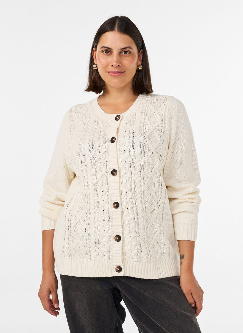 Strickjacke mit Zopfmuster, Vanille, Model image number 0