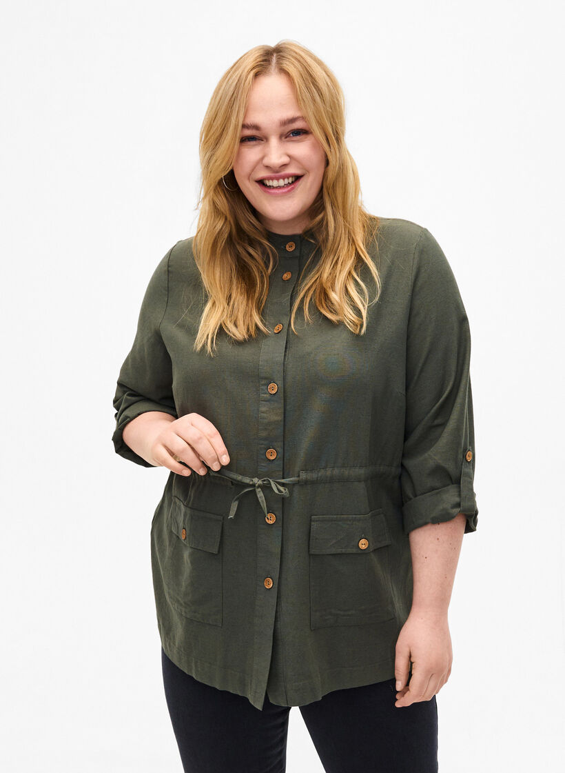 Hemd aus Leinenmischung mit Taschen, Thyme, Model image number 0