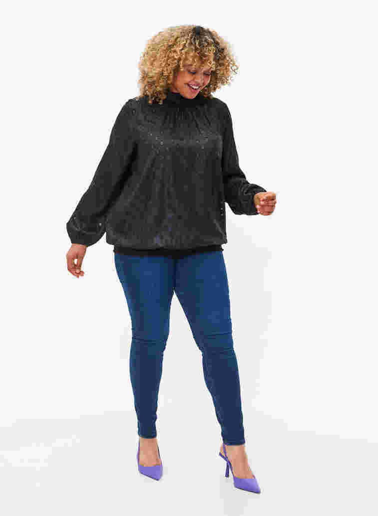 Gemusterte Bluse mit langen Ärmeln und Smock, Black, Model image number 2