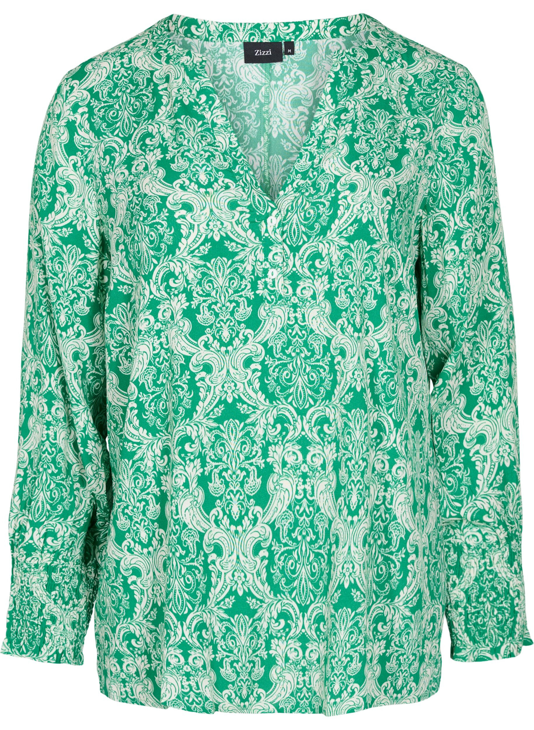 Zizzi Bluse aus Viskose mit Print und Smock, Jolly Green Oriental, Packshot image number 0