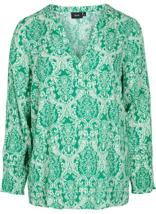 Bedrucktes Viskose-Top mit Rüschen, Jolly Green Oriental, Packshot image number 0