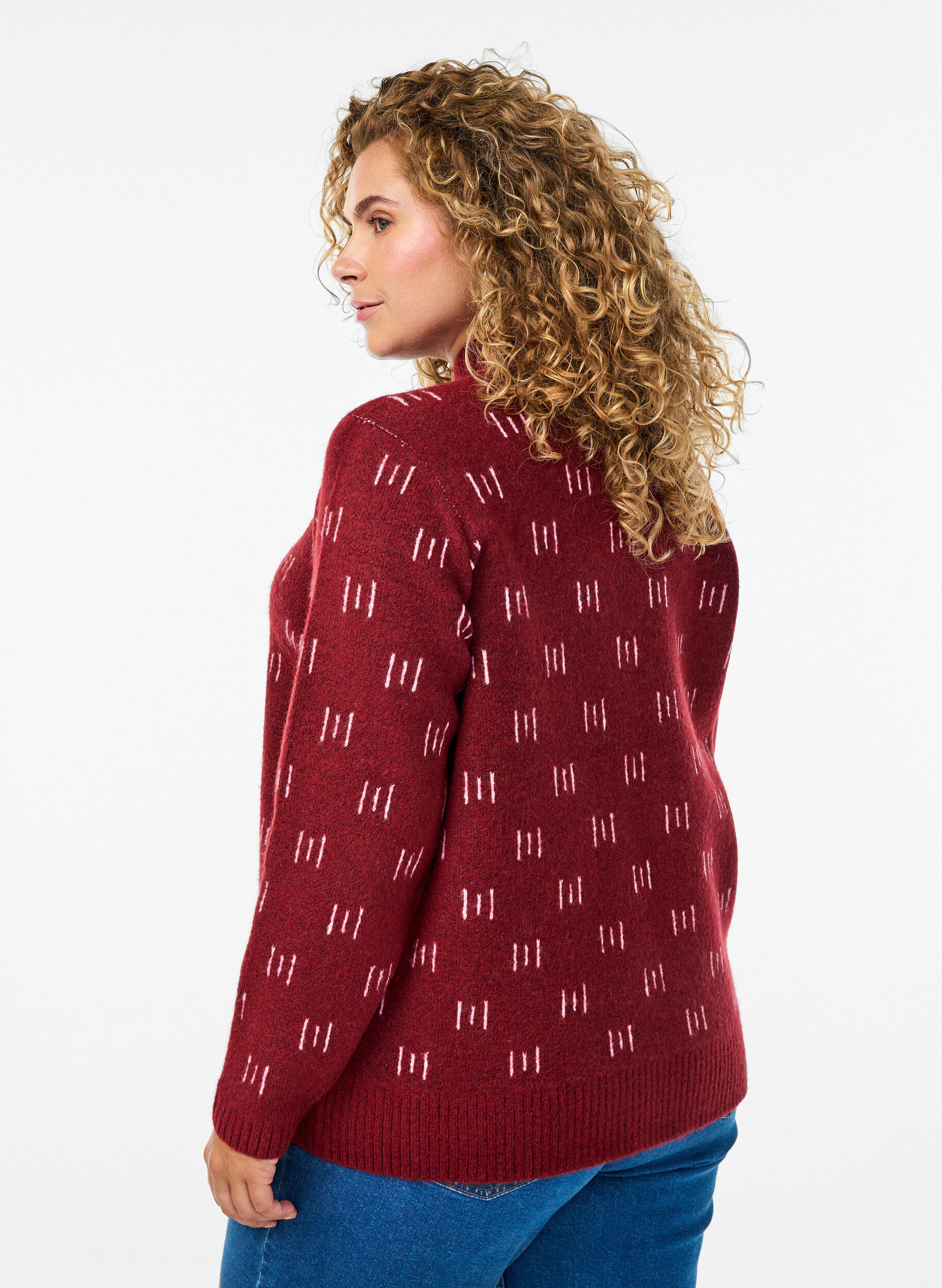 Zizzi Gemustertes Stricktop mit hohem Kragen, Dunkles Bordeaux, Model image number 2