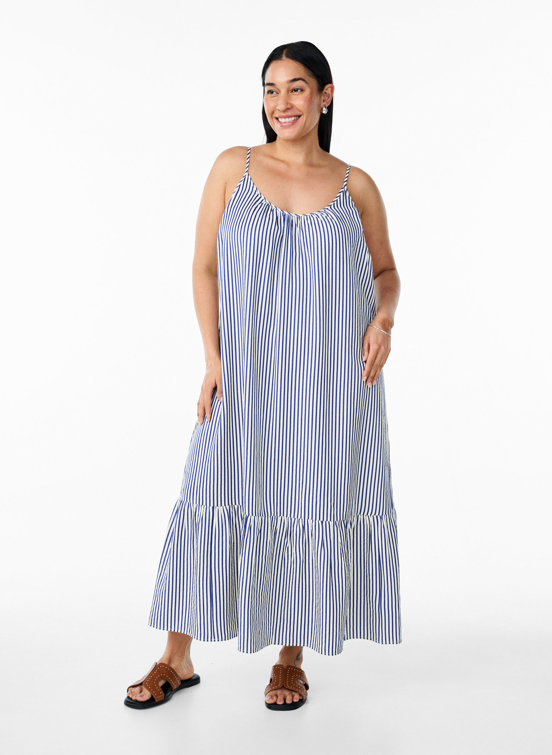 Sommerkleid mit Streifen und A-Linie, Blau, Model