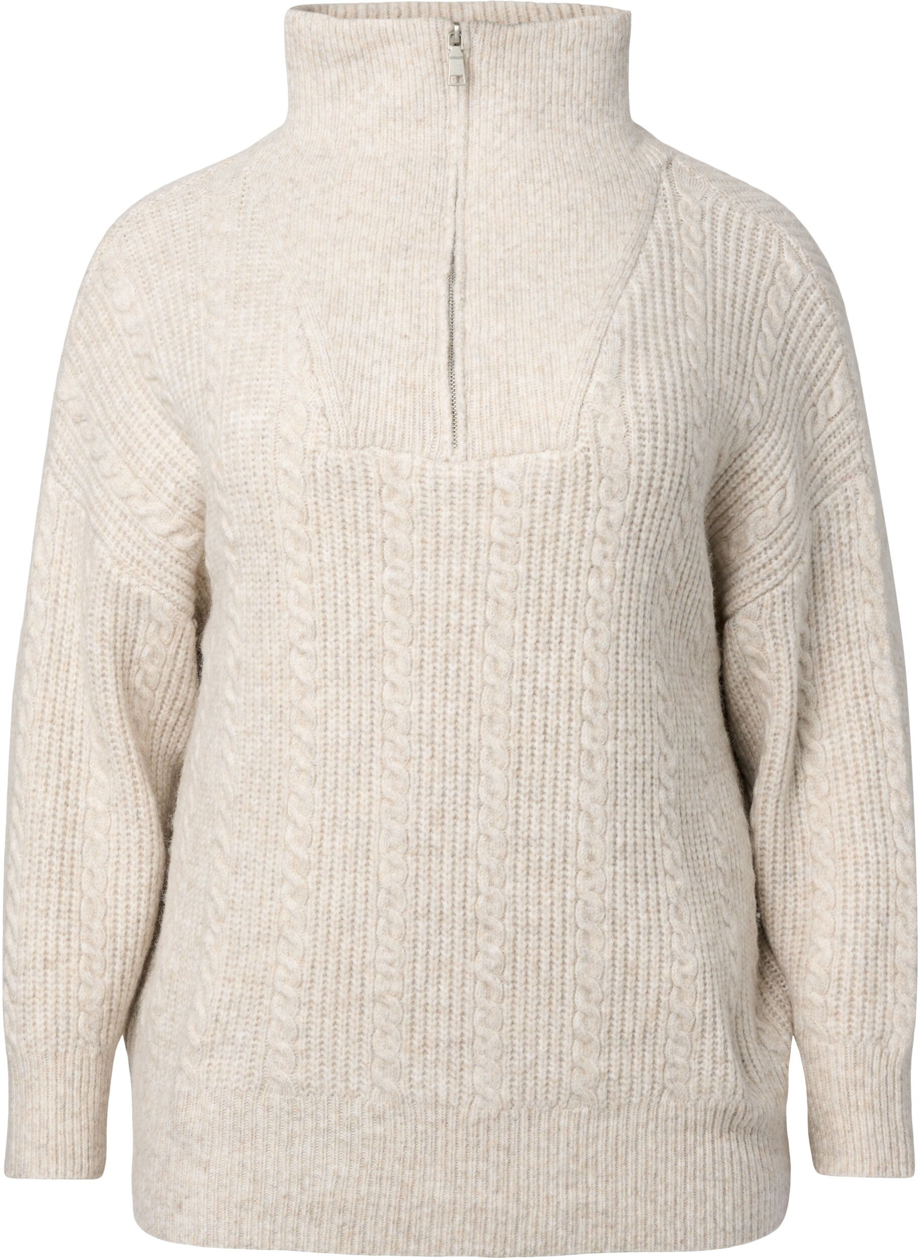 Zizzi Pullover mit Zopfmuster und Rei&szlig;verschluss, Pumice Stone Mel., Packshot image number 0