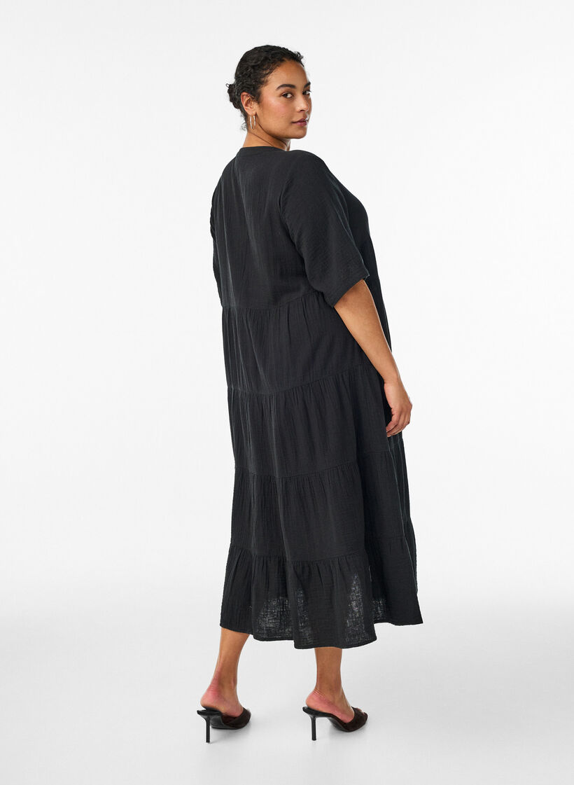 Midikleid in A-Linie aus Baumwoll-Musselin, Schwarz, Model image number 2