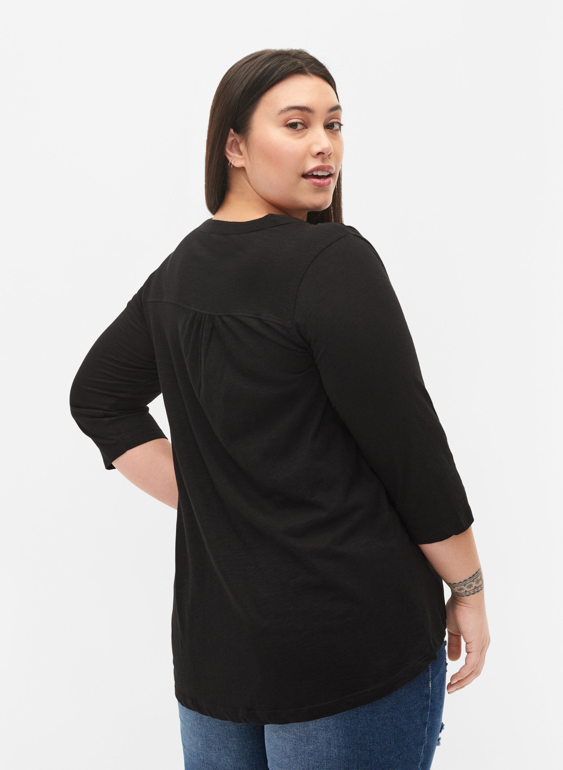 Zizzi Bluse aus Baumwolle mit 3/4 &Auml;rmeln, Black, Model image number 1