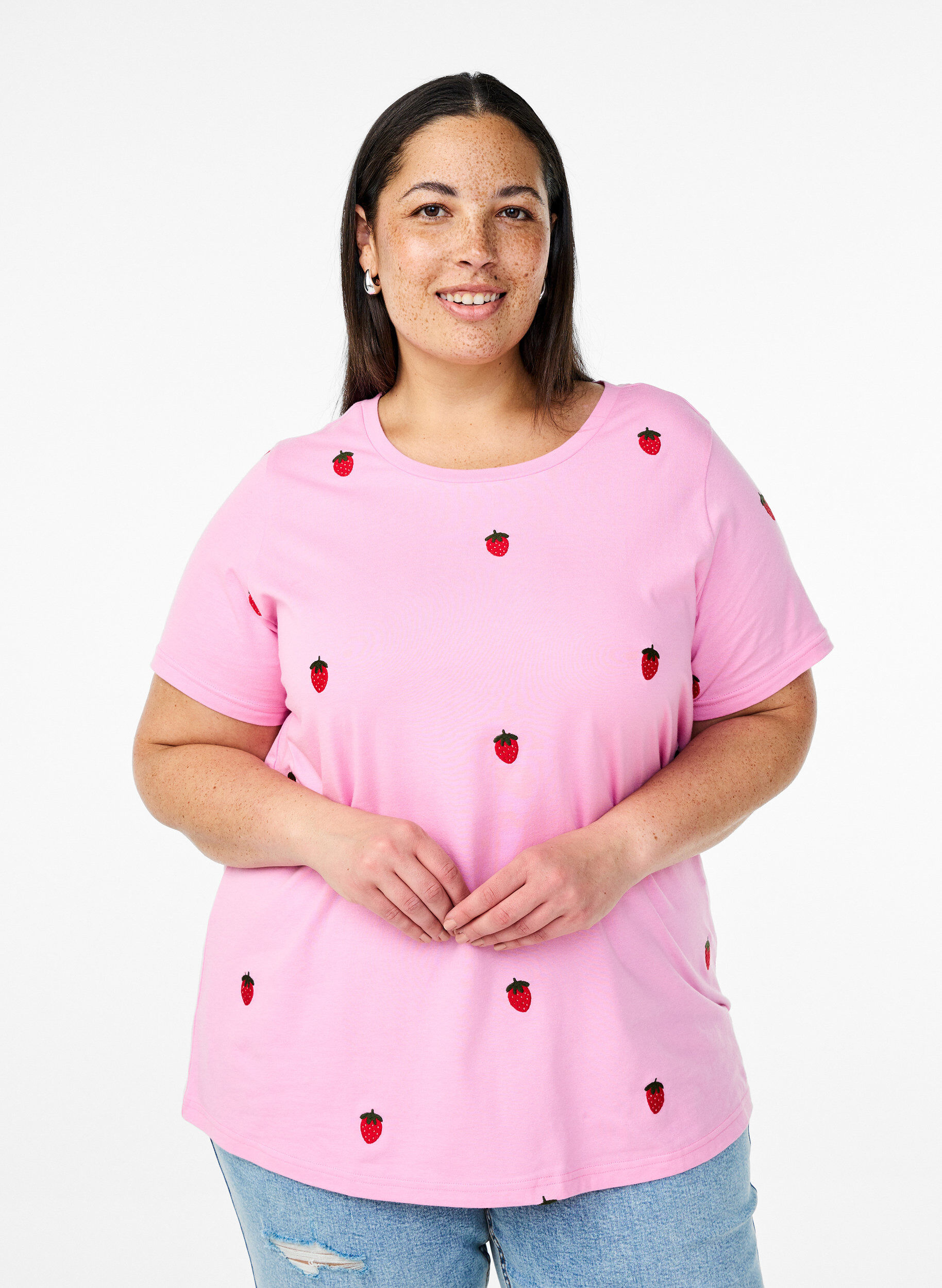 Zizzi T-Shirt aus Bio-Baumwolle mit aufgestickten Motiven, Pink, Model image number 0