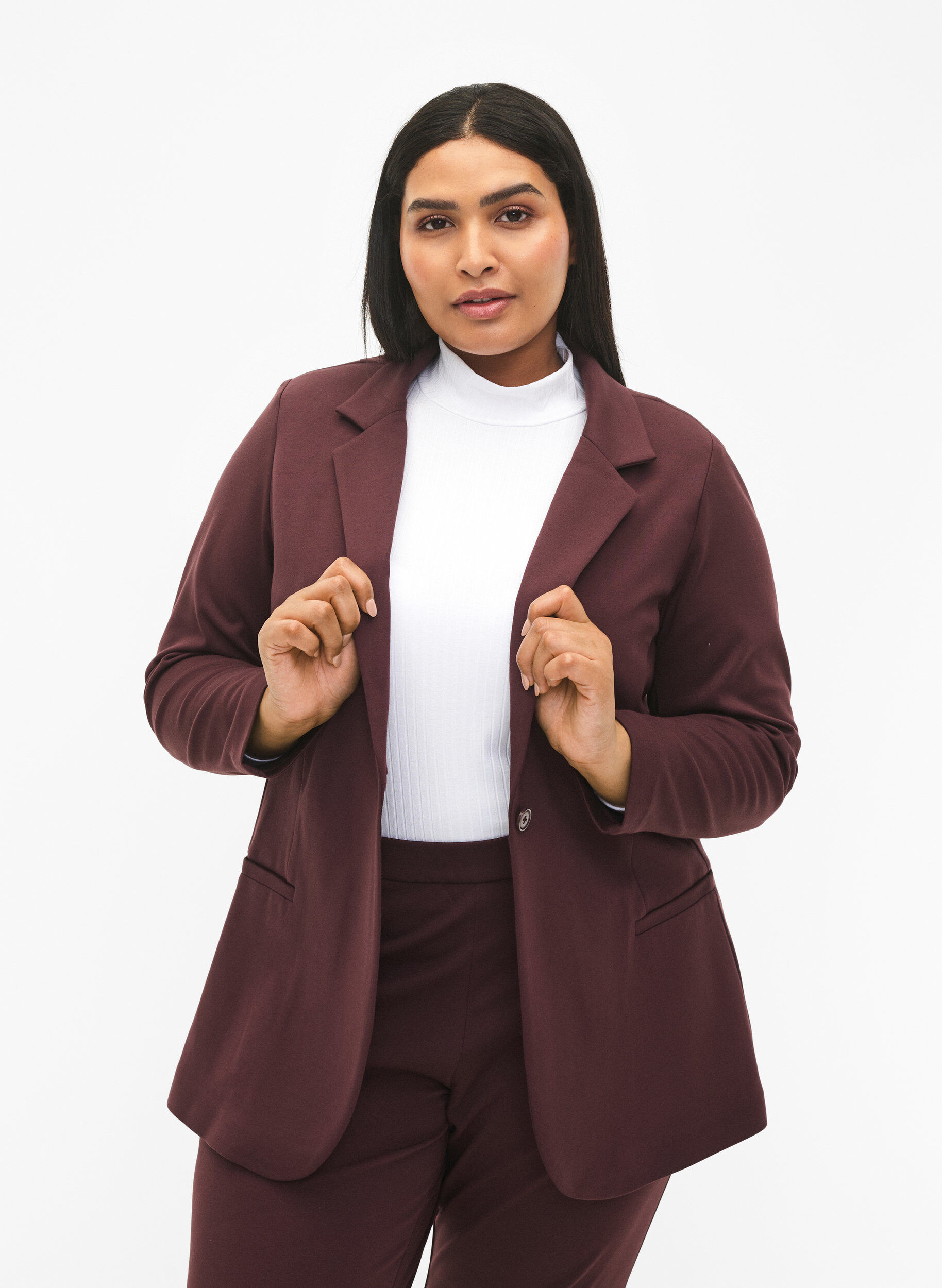 Zizzi Schlichter Blazer mit Knopfverschluss, Dunkles Bordeaux, Model image number 2