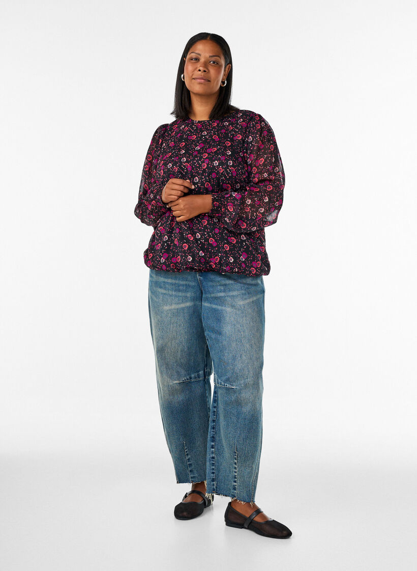 Gebl&uuml;mte Bluse aus Chiffon mit transparenten &Auml;rmeln, Schwarz, Model image number 1