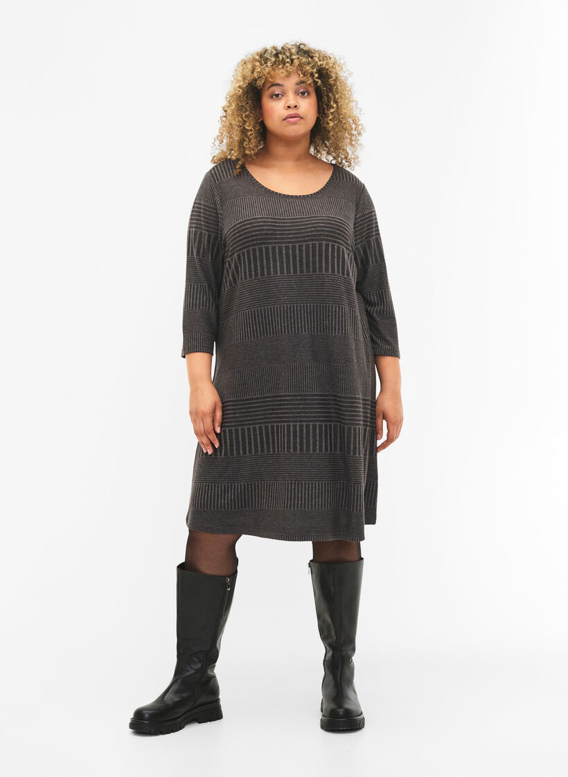 Kleid mit 3/4-Ärmeln und Streifenmuster, Dark Grey Mélange, Model image number 2