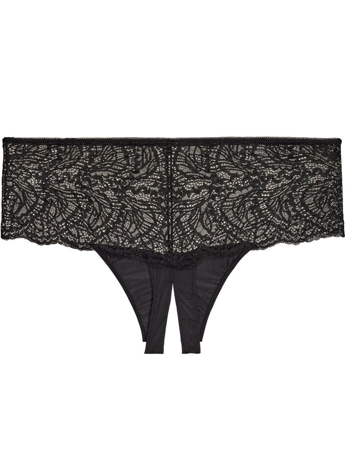 Offener Hipster-String mit Spitze und hohem Bund, Schwarz, Packshot image number 1