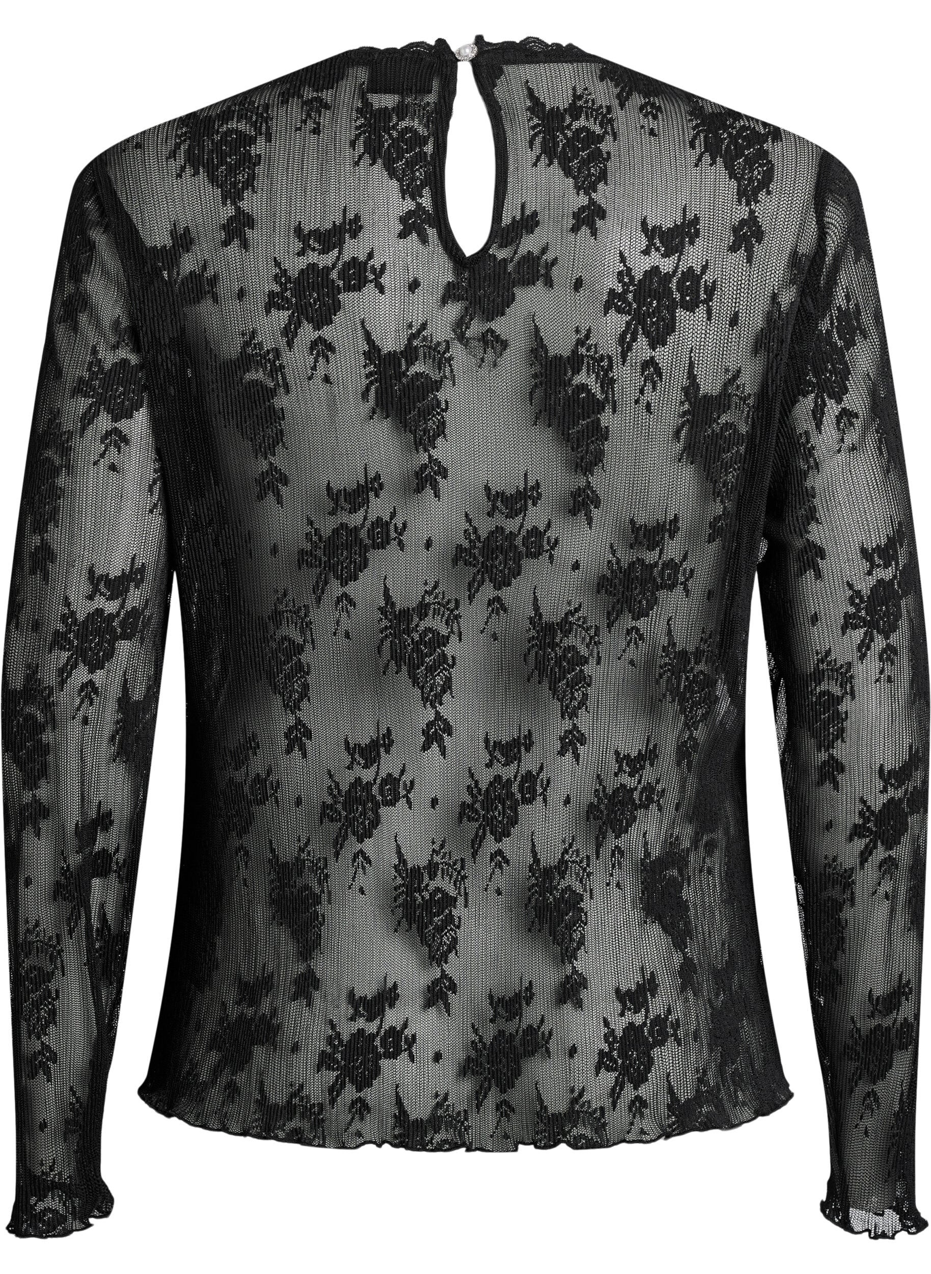 Zizzi Lang&auml;rmelige Bluse aus Mesh mit Spitzenmuster, Schwarz, Packshot image number 1