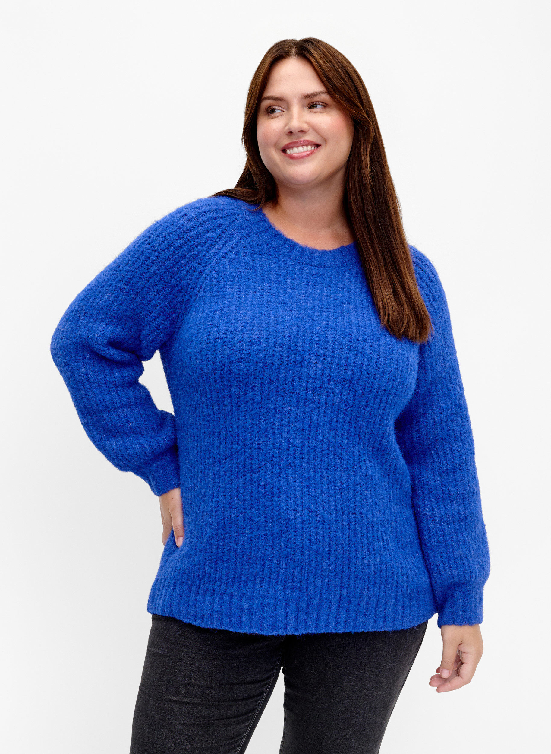 Zizzi Gestrickter Pullover mit Wolle und Raglan&auml;rmeln, Princess Blue, Model image number 0