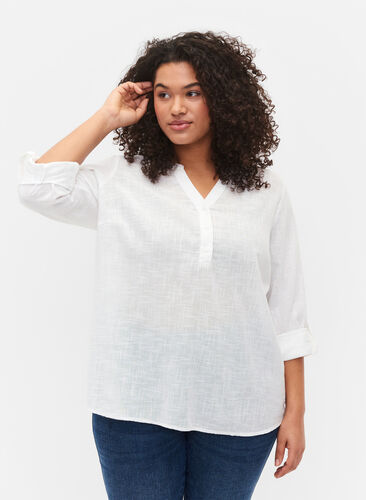 Hemdbluse aus Baumwolle mit V-Ausschnitt, Bright White, Model image number 0