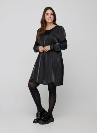 Kleid mit Shine und langen Puffärmeln, Black, Model image number 3