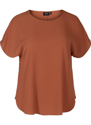 Bluse mit kurzen Ärmeln und Rundhalsausschnitt, Copper Brown, Packshot image number 0