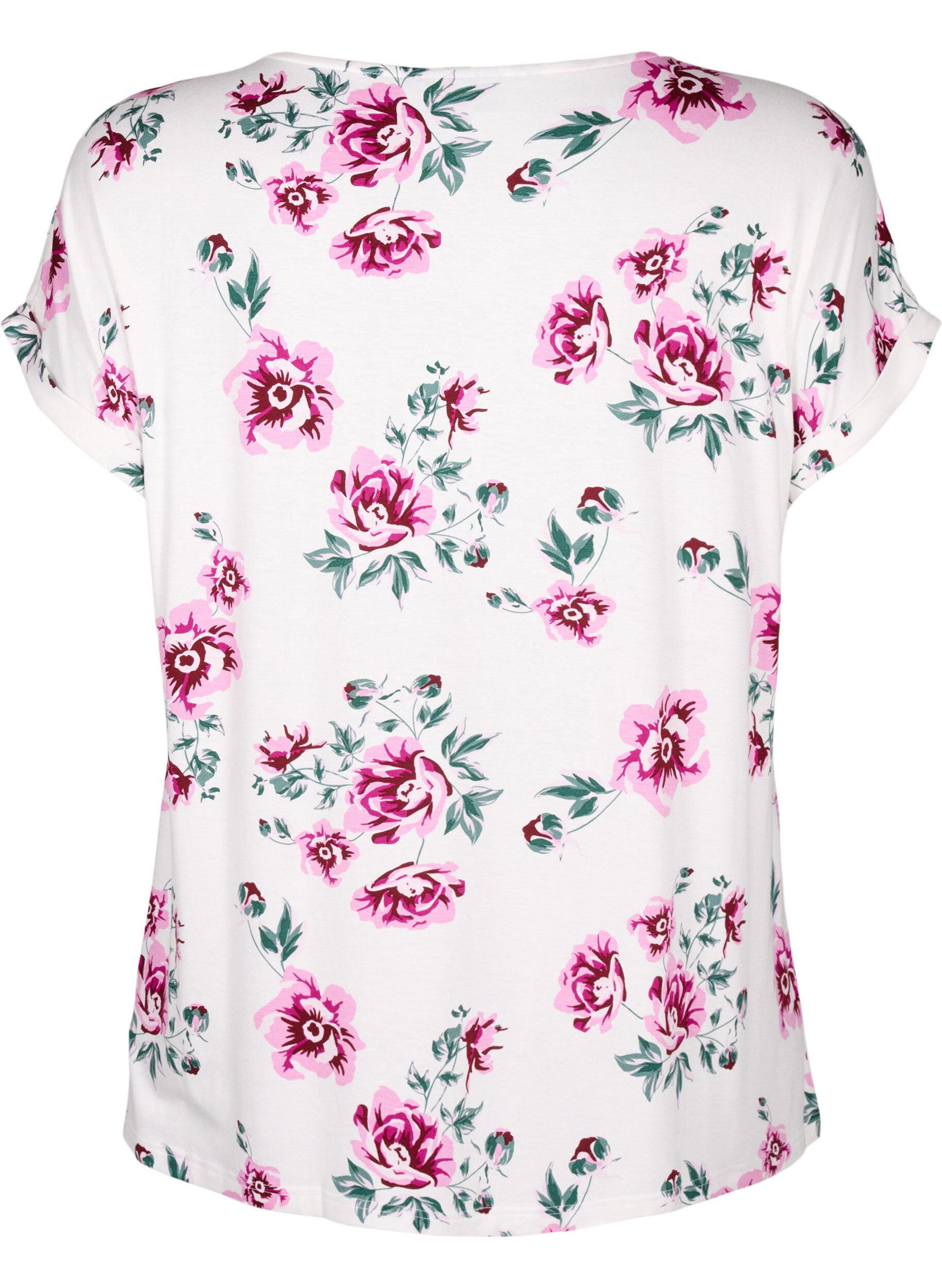 Zizzi Gebl&uuml;mte Bluse aus Viskose mit kurzen &Auml;rmeln, White Pink AOP, Packshot image number 1