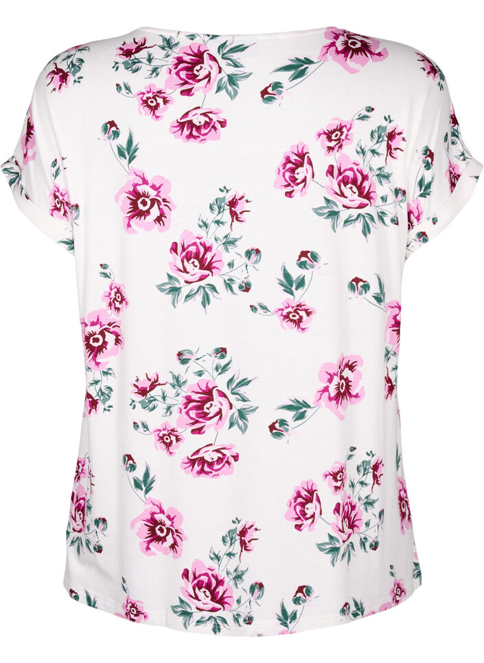 Geblümte Bluse aus Viskose mit kurzen Ärmeln, White Pink AOP, Packshot image number 1