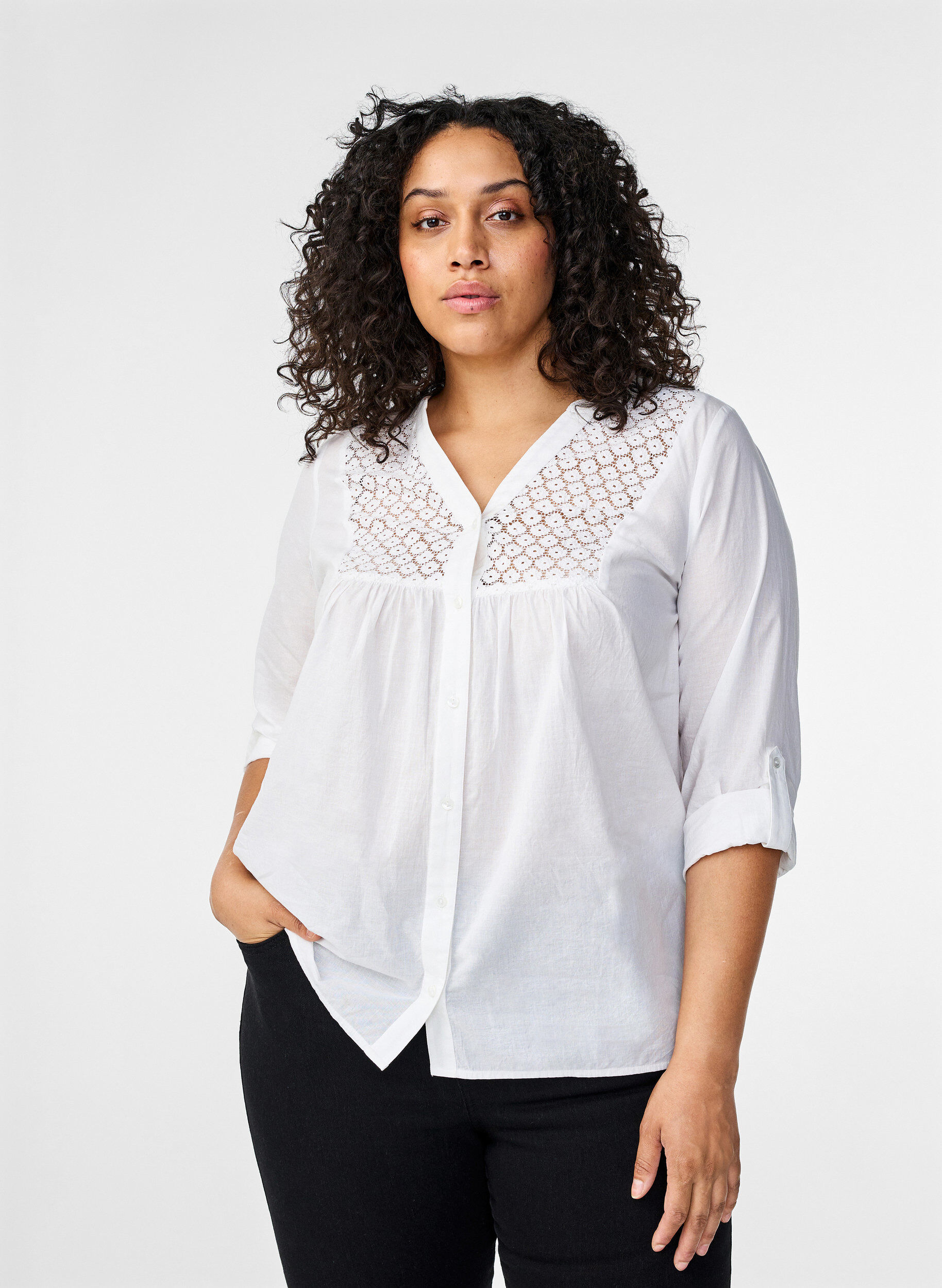 Zizzi FLASH - Shirt mit H&auml;keldetail, Bright White, Model image number 0