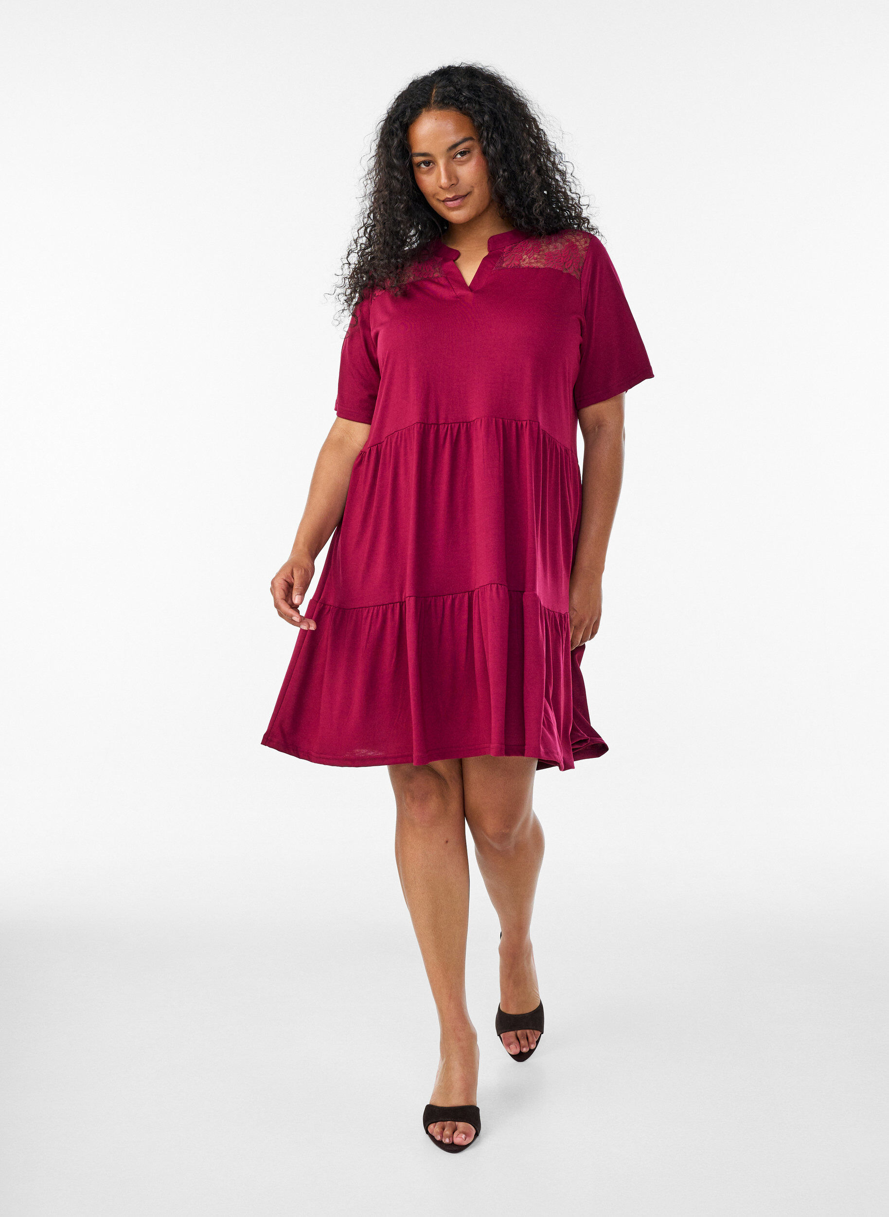 ZizziJerseykleid mit Spitzendetails und mehrlagigem Rock, Rot, Model image number 1